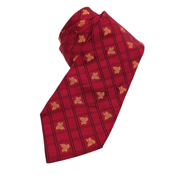 Dormeuil Paris London Made in‎ Italy Silk Red Tie Checkered Leaf Leaves - Picture 1 of 7